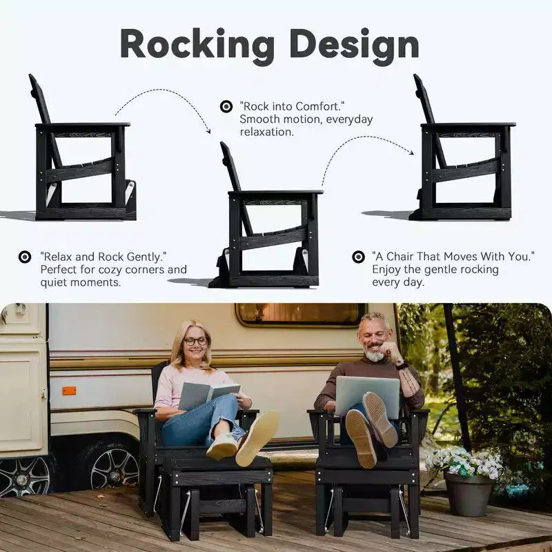 Hyleory Sedia a Dondolo Adirondack in HDPE con Pouf - Arredo Esterno per Patio Resistente alle Intemperie, Finitura Effetto Legno Durevole, Seduta Ergonomica