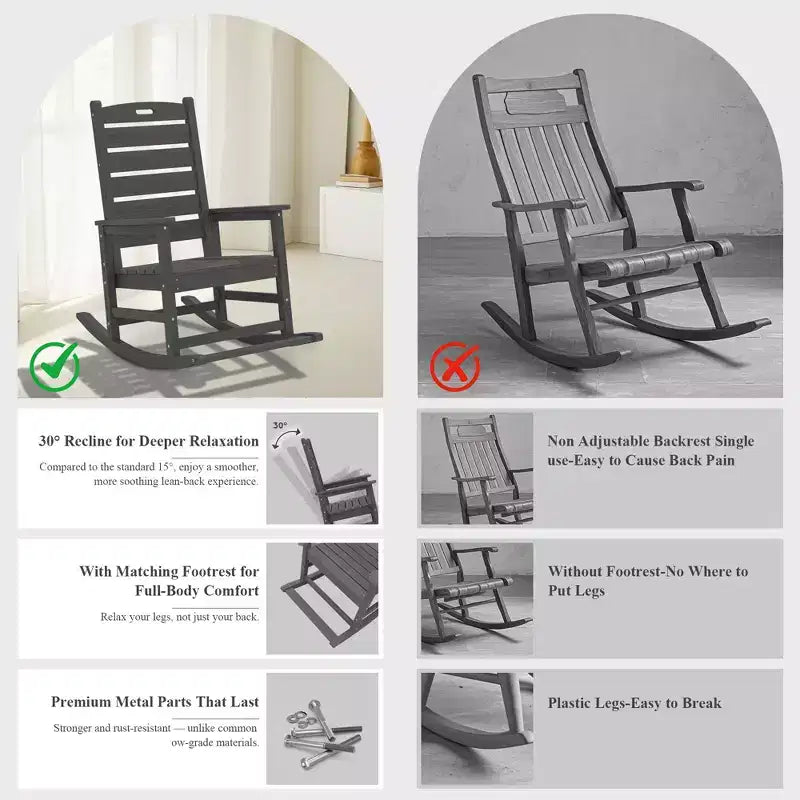 Sedia a Dondolo da Esterno Hyleory Extra Larga in HDPE Adirondack con Poggiapiedi Integrato e Inclinazione a 30 Gradi per il Massimo Relax