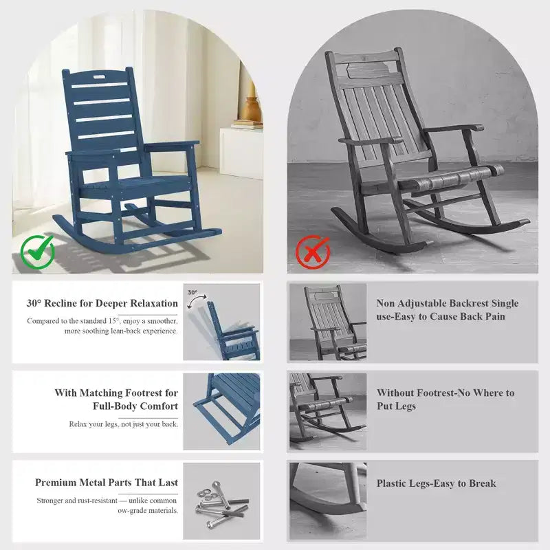 Sedia a Dondolo da Esterno Hyleory Extra Larga in HDPE Adirondack con Poggiapiedi Integrato e Inclinazione a 30 Gradi per il Massimo Relax