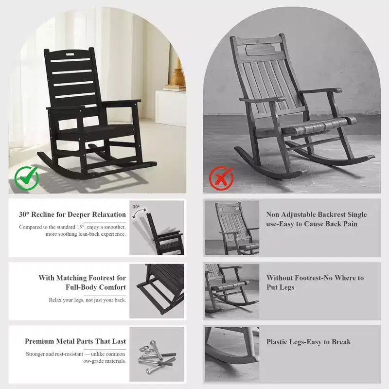 Sedia a Dondolo da Esterno Hyleory Extra Larga in HDPE Adirondack con Poggiapiedi Integrato e Inclinazione a 30 Gradi per il Massimo Relax