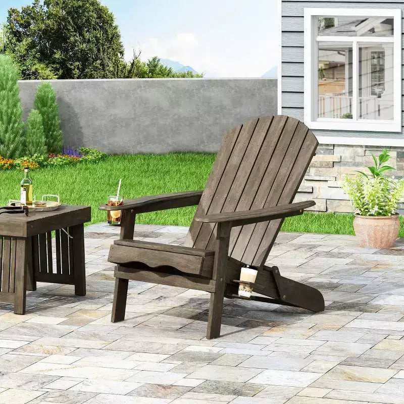 Sedia Adirondack Pieghevole Rustica per Patio Okak, Sedia da Giardino in Legno per Portico, Giardino e Cortile, Sedia a Sdraio da Esterno, Max 150 kg