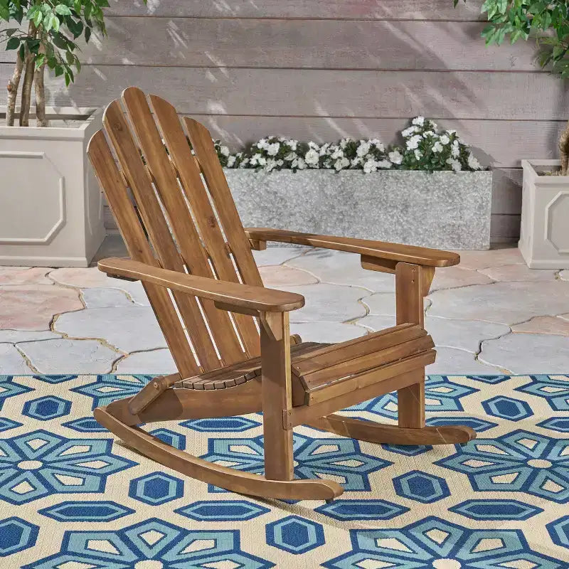 Okak Sedia a dondolo Adirondack rustica, sedie accentate in acacia di alta qualità con portabicchieri, 1 pezzo, sedia pigra da esterno per portico, cortile e giardino, marrone