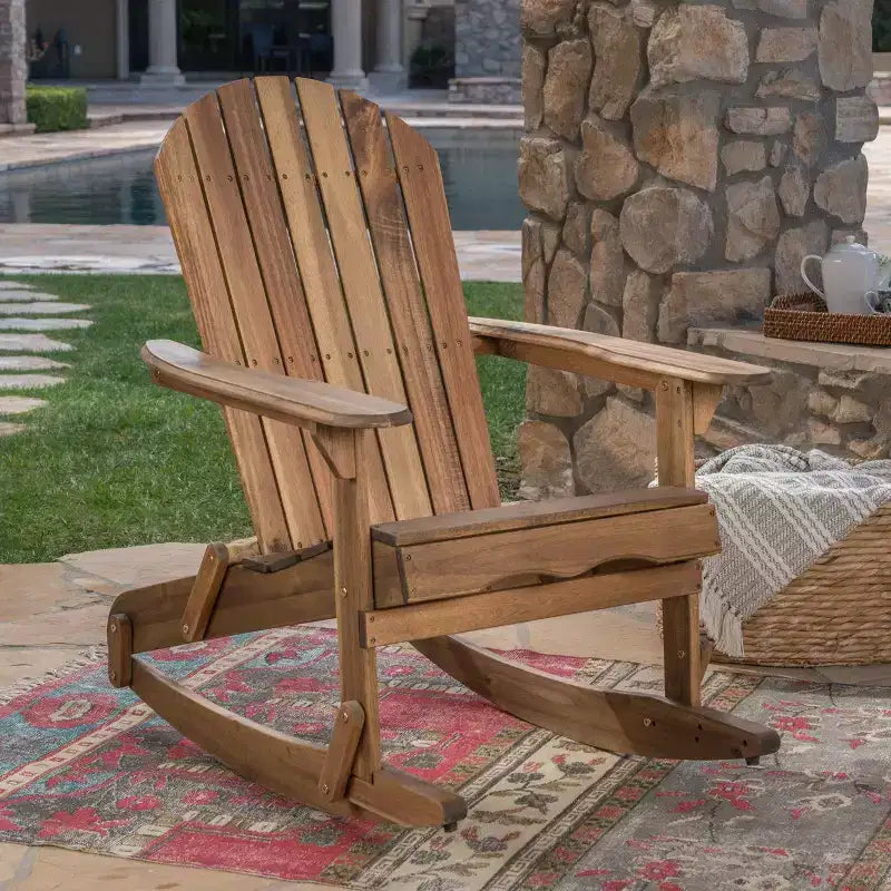Okak Sedia a dondolo rustica Adirondack in acacia di alta qualità, 1 pezzo, sedia pigra da esterno per portico, cortile e giardino, naturale