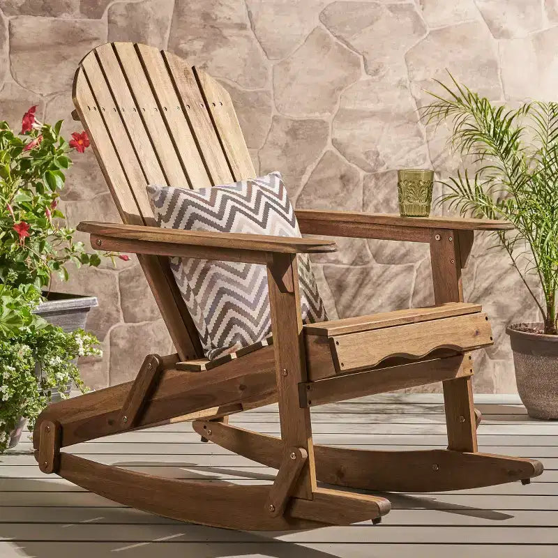 Okak Sedia a dondolo rustica Adirondack in acacia di alta qualità, 1 pezzo, sedia pigra da esterno per portico, cortile e giardino, naturale