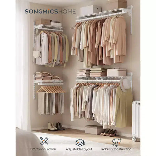 Adjustable Closet Organizer System - 4-8 ft Metal Shelving Unit with 6 Rods & 6 Shelves, 414 lb Capacity, Cloud White