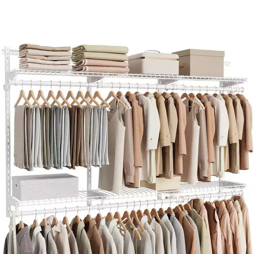 Sistema Organizer Regolabile per Armadio - Unità Scaffalatura in Metallo da 4-8 ft con 6 Aste e 6 Ripiani, Capacità 187 kg, Bianco Nuvola