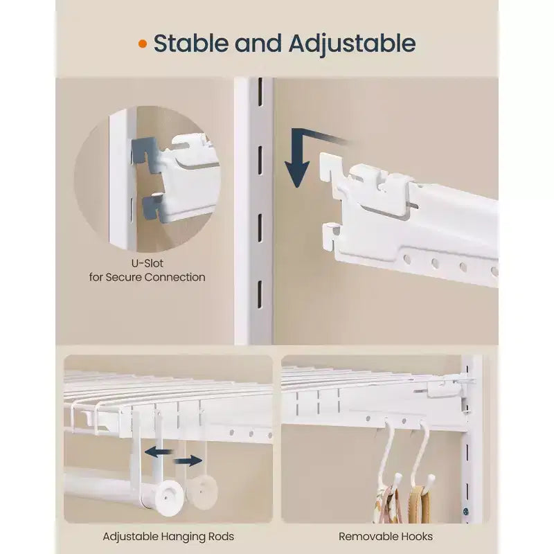 Sistema Organizer Regolabile per Armadio - Unità Scaffalatura in Metallo da 4-8 ft con 6 Aste e 6 Ripiani, Capacità 187 kg, Bianco Nuvola