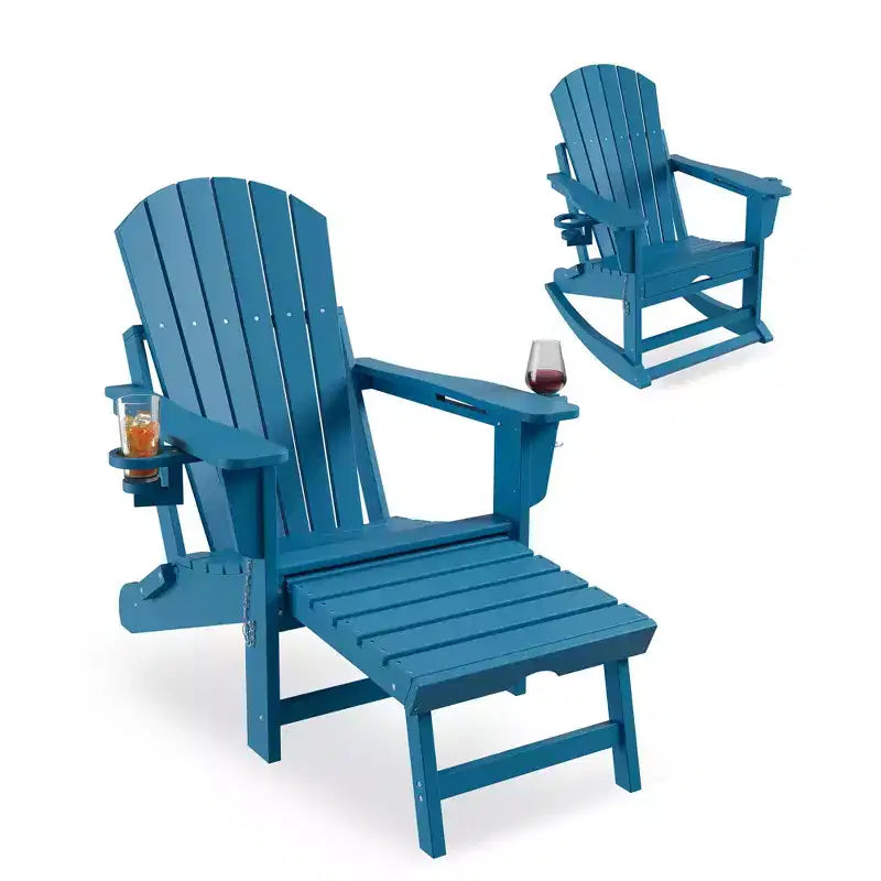 Sedia a dondolo Adirondack, Sedia a dondolo Adirondack pieghevole con poggiapiedi, Sedia a dondolo Adirondack per esterni con pouf estraibile e portabicchieri