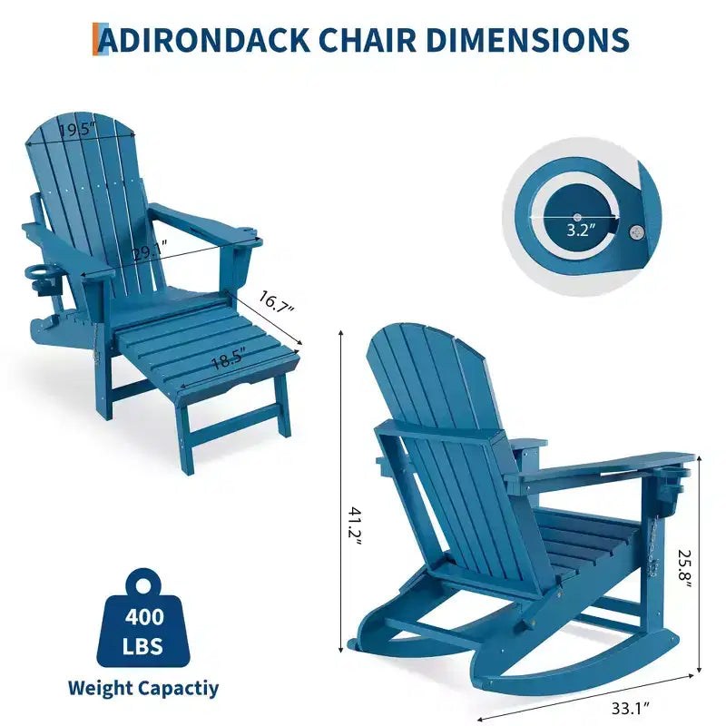 Sedia a dondolo Adirondack, Sedia a dondolo Adirondack pieghevole con poggiapiedi, Sedia a dondolo Adirondack per esterni con pouf estraibile e portabicchieri