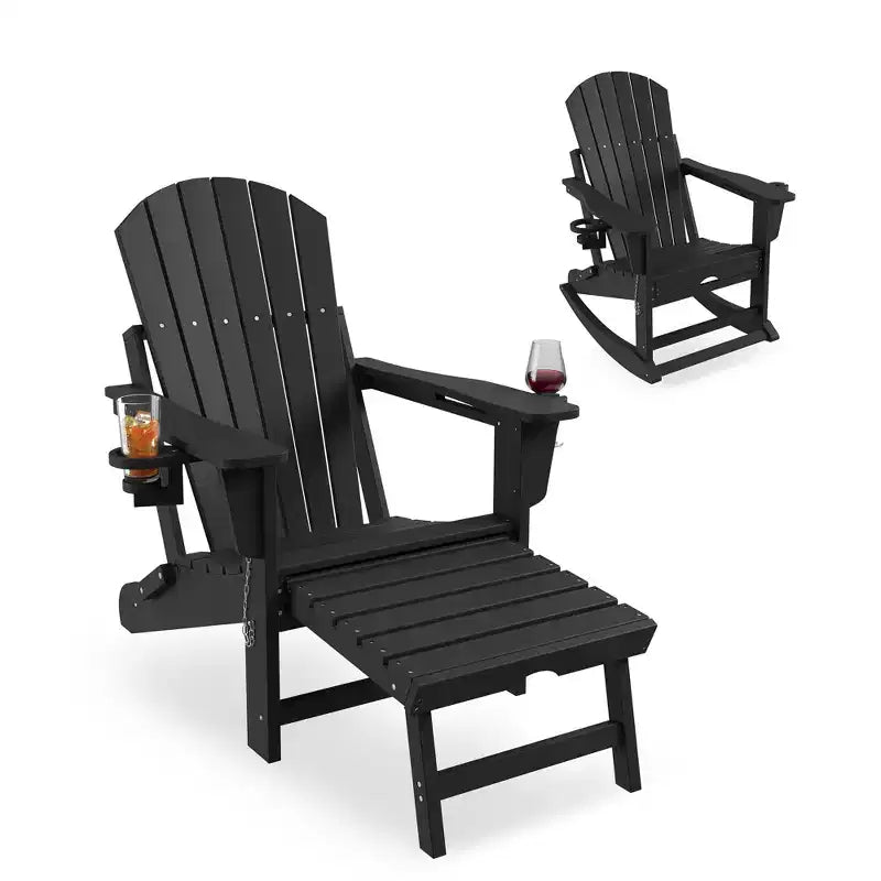 Sedia a dondolo Adirondack, Sedia a dondolo Adirondack pieghevole con poggiapiedi, Sedia a dondolo Adirondack per esterni con pouf estraibile e portabicchieri