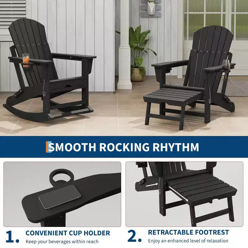 Sedia a dondolo Adirondack, Sedia a dondolo Adirondack pieghevole con poggiapiedi, Sedia a dondolo Adirondack per esterni con pouf estraibile e portabicchieri
