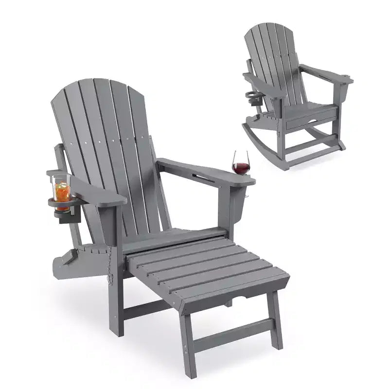 Sedia a dondolo Adirondack, Sedia a dondolo Adirondack pieghevole con poggiapiedi, Sedia a dondolo Adirondack per esterni con pouf estraibile e portabicchieri