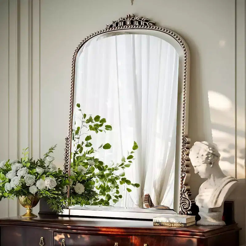 40x28 Wall Mirror, Arched Beaded Mirror with Metal Frame, Decorative Bathroom Vanity Mirror for Entryway, Bedroom, or Living Room