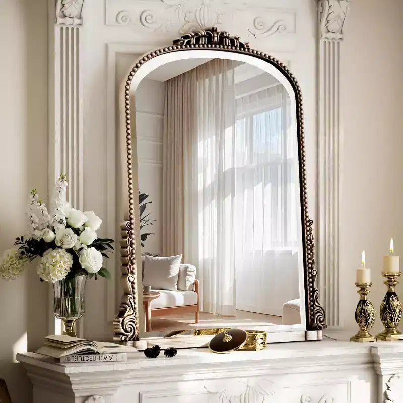 40x28 Wall Mirror, Arched Beaded Mirror with Metal Frame, Decorative Bathroom Vanity Mirror for Entryway, Bedroom, or Living Room