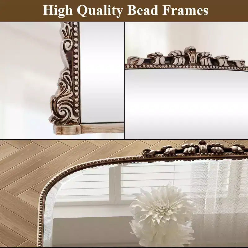 40x28 Wall Mirror, Arched Beaded Mirror with Metal Frame, Decorative Bathroom Vanity Mirror for Entryway, Bedroom, or Living Room