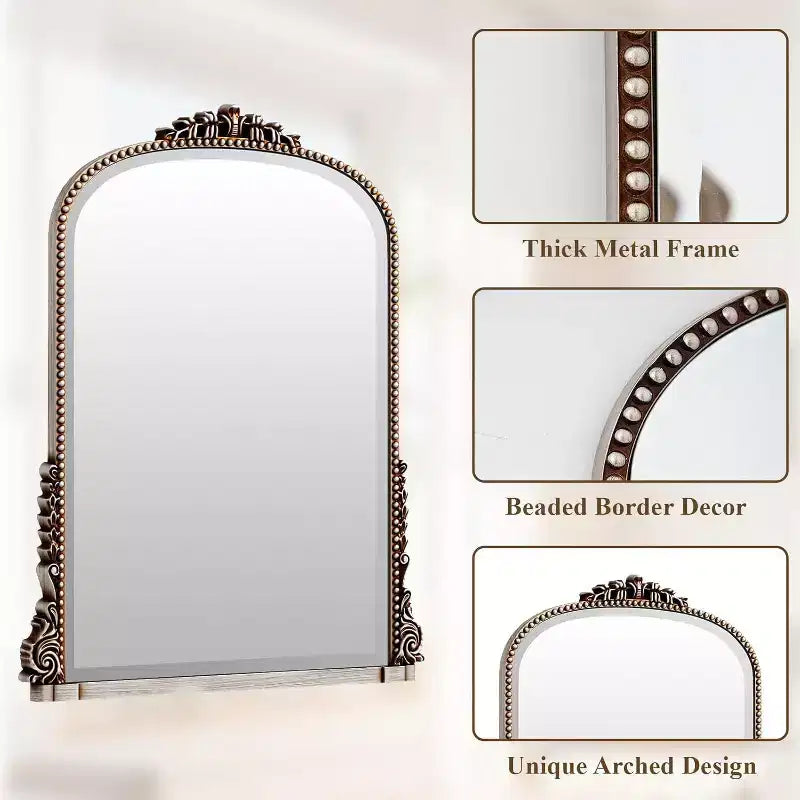 40x28 Wall Mirror, Arched Beaded Mirror with Metal Frame, Decorative Bathroom Vanity Mirror for Entryway, Bedroom, or Living Room