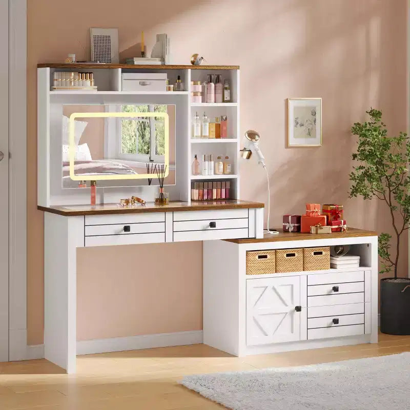 Vanity Desk with Glass Top & Charging Station, Touch Screen Mirror and Lights, Makeup Vanity with 5-Drawer, 6 Open Storage Shelves, Antique
