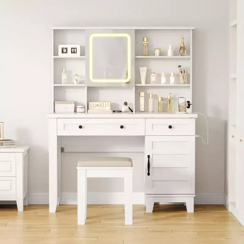 Toeletta Trucco, Toeletta Trucco con Specchio e Luci e Presa di Corrente, Tavolo Trucco con 2 Cassetti e Sgabello Imbottito, Tavolo da Toeletta