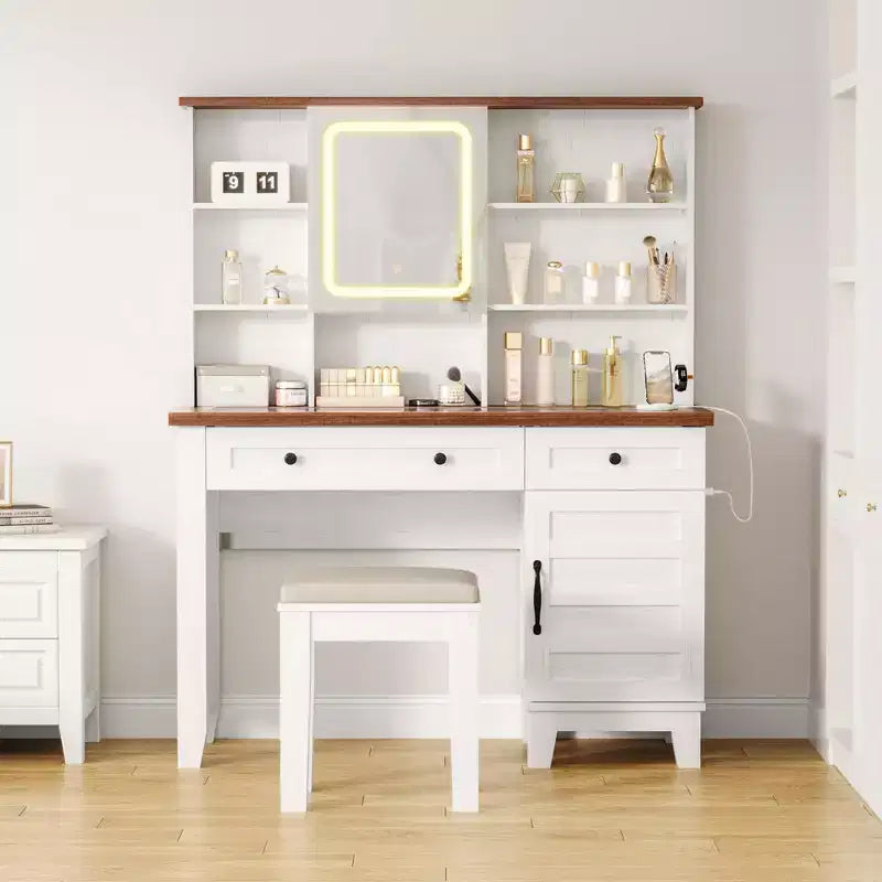 Toeletta Trucco, Toeletta Trucco con Specchio e Luci e Presa di Corrente, Tavolo Trucco con 2 Cassetti e Sgabello Imbottito, Tavolo da Toeletta