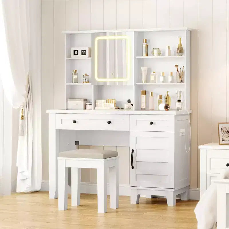 Makeup Vanity Desk,Makeup Vanity with Mirror and Lights & Power Outlet, Makeup Table with 2 Drawers and Cushioned Stool, Dressing Table