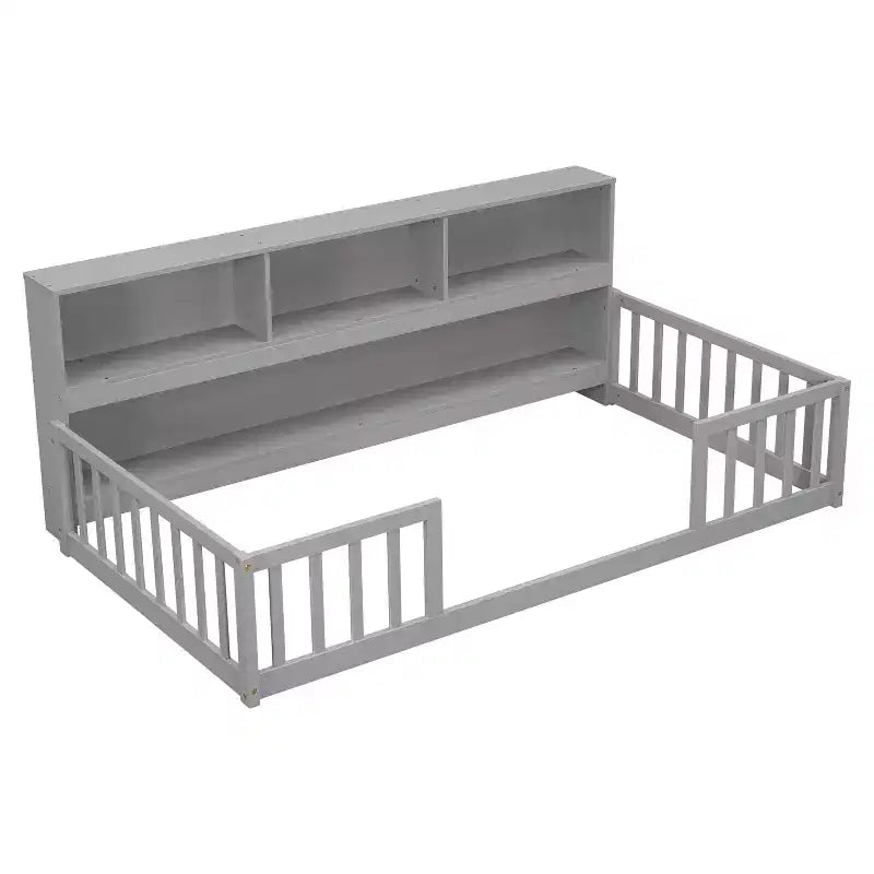 Twin Floor Bed with Bookcase & Guardrails