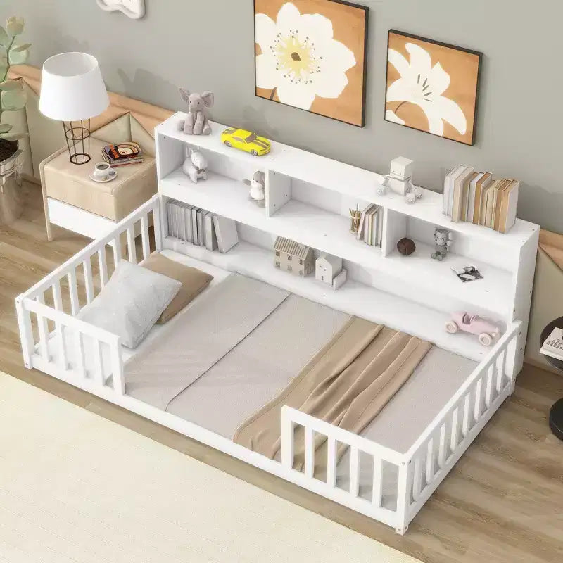 Twin Floor Bed with Bookcase & Guardrails