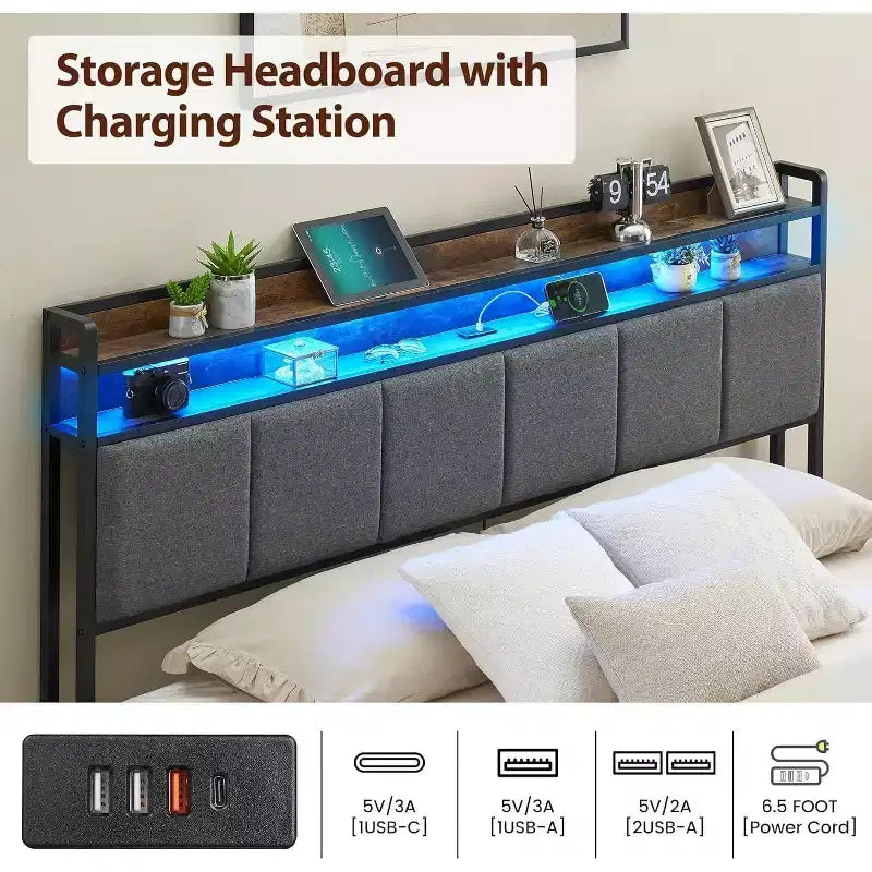 Bed Frame with Storage Headboard, LED Lights, Charging Station, 2 Drawers, No Box Spring Needed, Easy Assembly