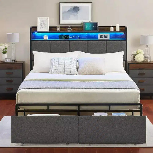 Acekool Bed Frame with Storage Headboard, LED Lights, Charging Station, 2 Drawers, No Box Spring Needed, Easy Assembly