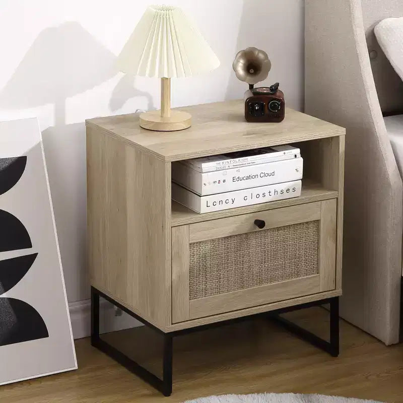 Rattan Nightstand, Boho Bedside Table with Storage Drawer & Metal Legs, Farmhouse Wood Small Night Stand End Table for Bedroom Living Room