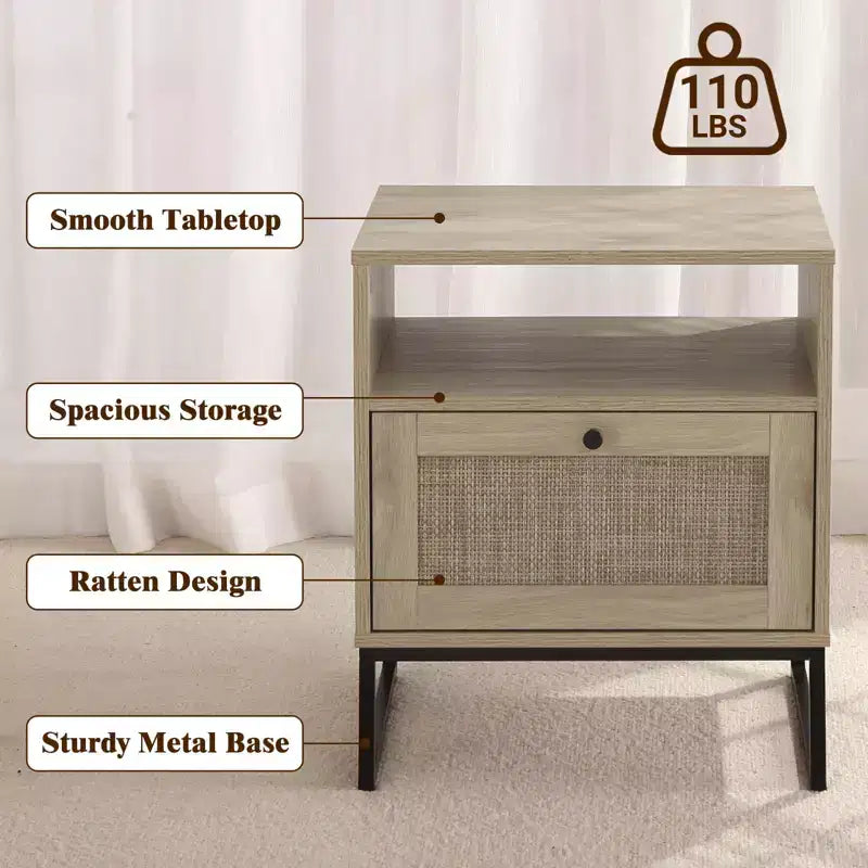 Comodino in Rattan, Tavolino Bohemien con Cassetto Contenitore e Gambe in Metallo, Tavolino da Notte Piccolo in Legno Stile Fattoria per Camera da Letto e Soggiorno