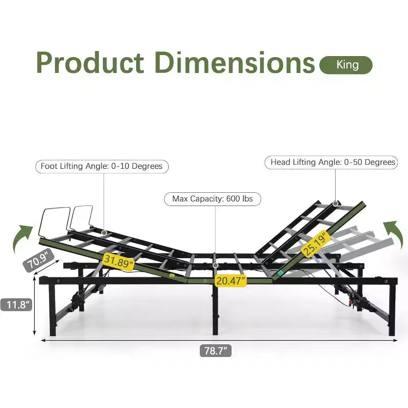 Base letto elettrica con telaio regolabile con telecomando via cavo, funzione di inclinazione ergonomica per piedi e testa, King Size