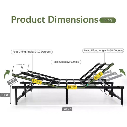 Base letto elettrica con telaio regolabile con telecomando via cavo, funzione di inclinazione ergonomica per piedi e testa, King Size