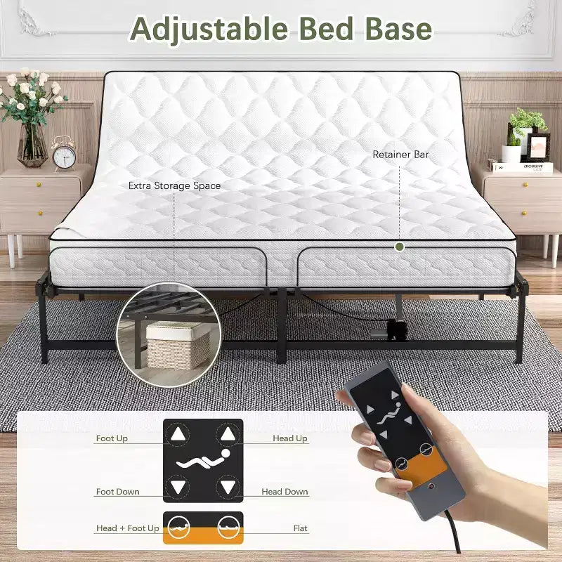 Base letto elettrica con telaio regolabile con telecomando via cavo, funzione di inclinazione ergonomica per piedi e testa, King Size