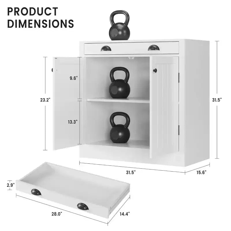 Madia/Credenza Bianca, Mobile Caffè in Legno con Cassetto, Ripiano Regolabile, Armadietti Contenitori Stile Rustico