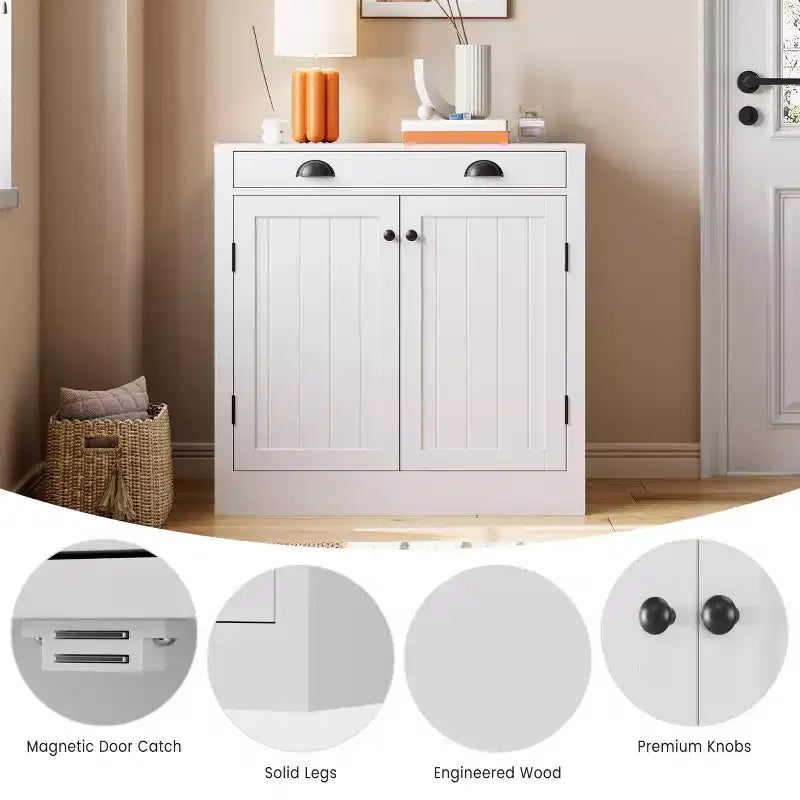 Madia/Credenza Bianca, Mobile Caffè in Legno con Cassetto, Ripiano Regolabile, Armadietti Contenitori Stile Rustico