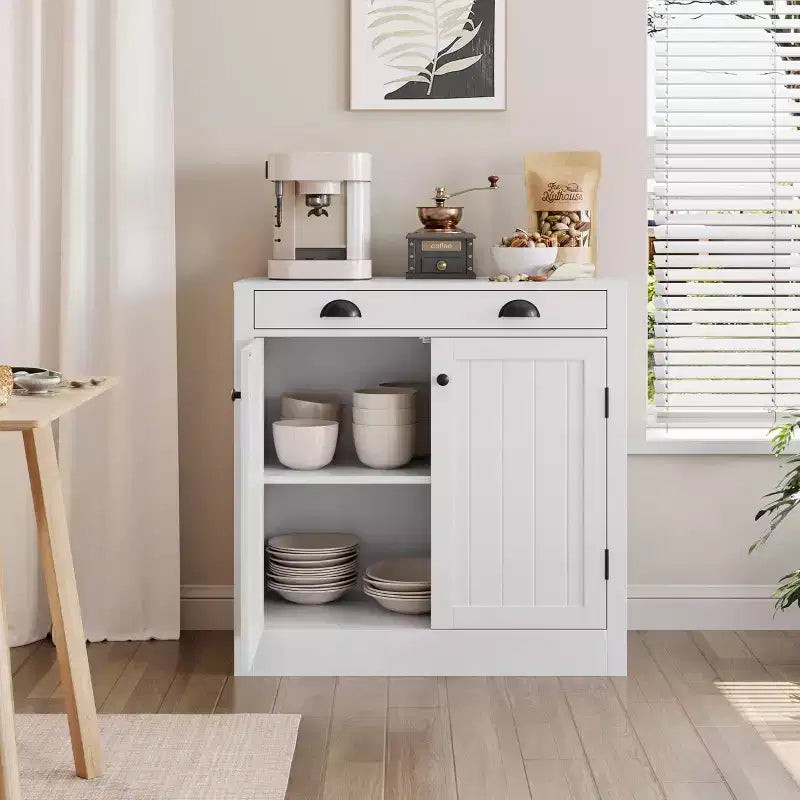 Madia/Credenza Bianca, Mobile Caffè in Legno con Cassetto, Ripiano Regolabile, Armadietti Contenitori Stile Rustico