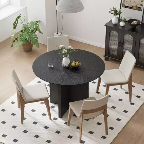Tavolo da pranzo rotondo in legno massello 42 x 42 con finitura nera ed eleganti gambe ad arco per sale da pranzo e cucine moderne