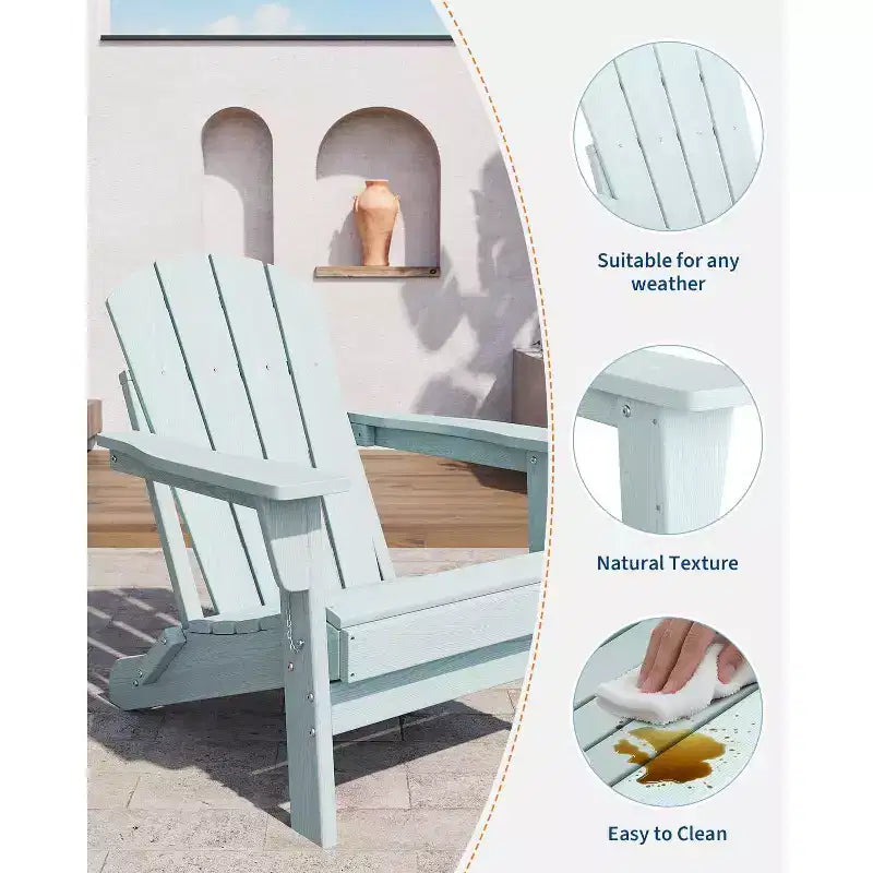 Chaise Adirondack pliante avec porte-gobelet, Chaise d'extérieur en PEHD texturé bois pour patio, terrasse ou jardin, Supporte 172 kg