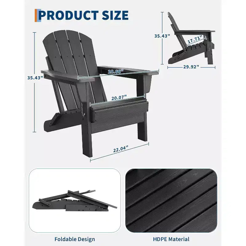 Chaise Adirondack pliante avec porte-gobelet, Chaise d'extérieur en PEHD texturé bois pour patio, terrasse ou jardin, Supporte 172 kg