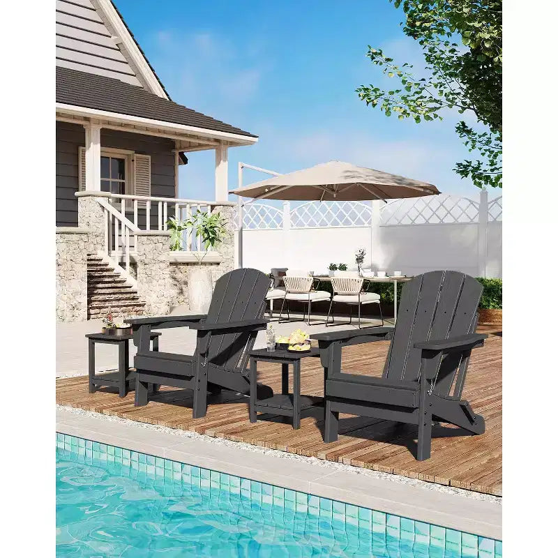 Set di 3 sedie pieghevoli Adirondack con tavolino, set di mobili da esterno in HDPE per 2 persone resistente a tutte le intemperie, salvaspazio per patio, giardino, prato
