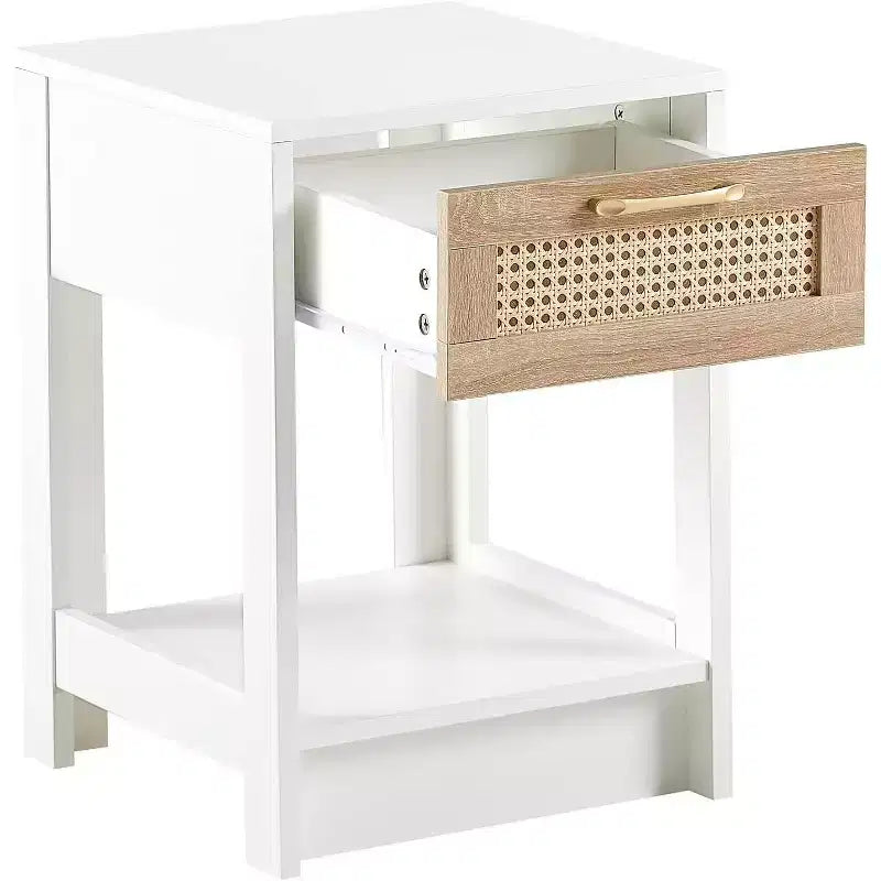 Comodino in Rattan con Piano Sollevabile e Vano Contenitore Aperto, Tavolino Laterale Moderno di Metà Secolo con Maniglia Retrò per Camera da Letto e Soggiorno