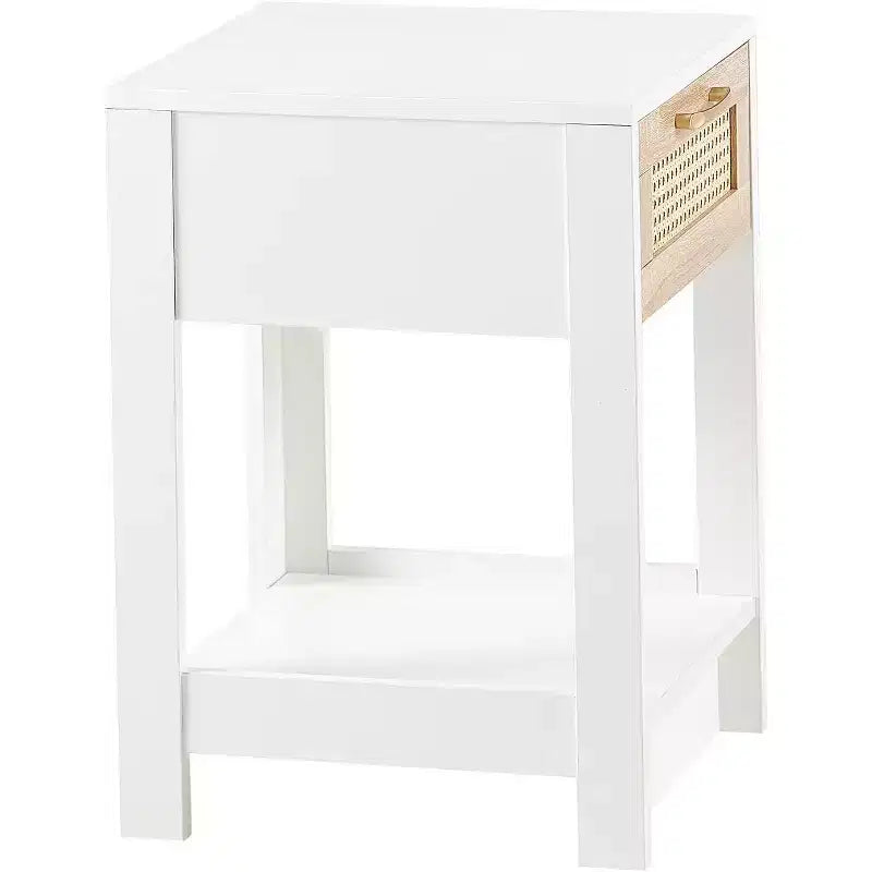 Comodino in Rattan con Piano Sollevabile e Vano Contenitore Aperto, Tavolino Laterale Moderno di Metà Secolo con Maniglia Retrò per Camera da Letto e Soggiorno