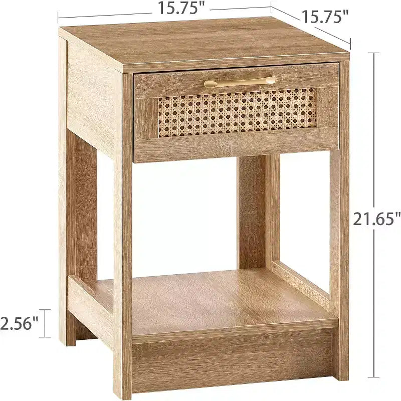 Comodino in Rattan con Piano Sollevabile e Vano Contenitore Aperto, Tavolino Laterale Moderno di Metà Secolo con Maniglia Retrò per Camera da Letto e Soggiorno