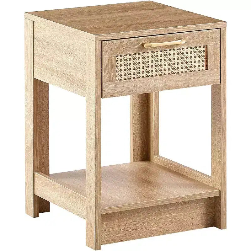 Comodino in Rattan con Piano Sollevabile e Vano Contenitore Aperto, Tavolino Laterale Moderno di Metà Secolo con Maniglia Retrò per Camera da Letto e Soggiorno