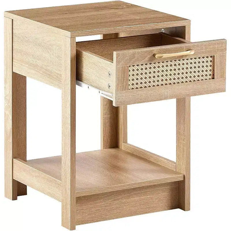 Comodino in Rattan con Piano Sollevabile e Vano Contenitore Aperto, Tavolino Laterale Moderno di Metà Secolo con Maniglia Retrò per Camera da Letto e Soggiorno