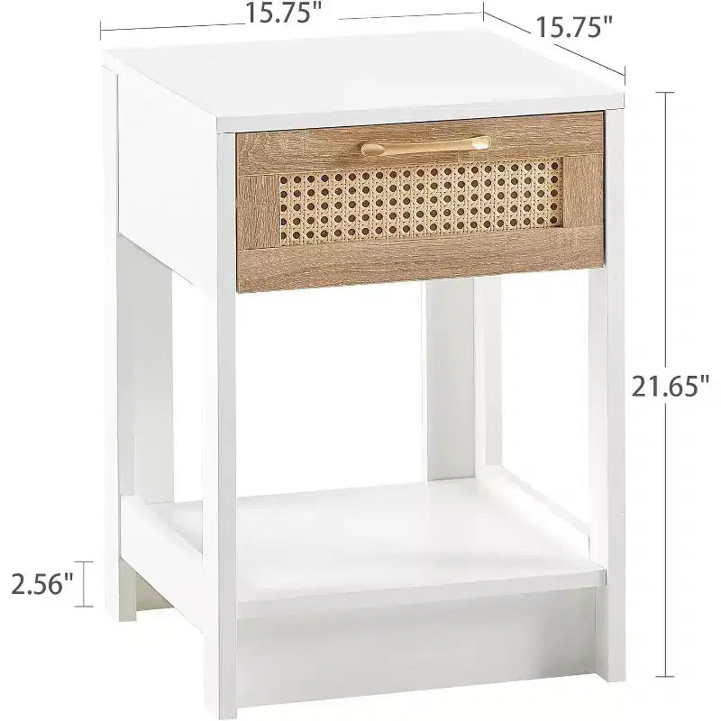 Comodino in Rattan con Piano Sollevabile e Vano Contenitore Aperto, Tavolino Laterale Moderno di Metà Secolo con Maniglia Retrò per Camera da Letto e Soggiorno
