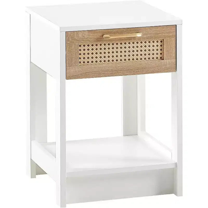 Comodino in Rattan con Piano Sollevabile e Vano Contenitore Aperto, Tavolino Laterale Moderno di Metà Secolo con Maniglia Retrò per Camera da Letto e Soggiorno