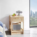Acekool Rattan Nightstand with Lift-Top and Open Storage, Mid Century Modern End Table with Retro Handle for Bedroom and Living Room