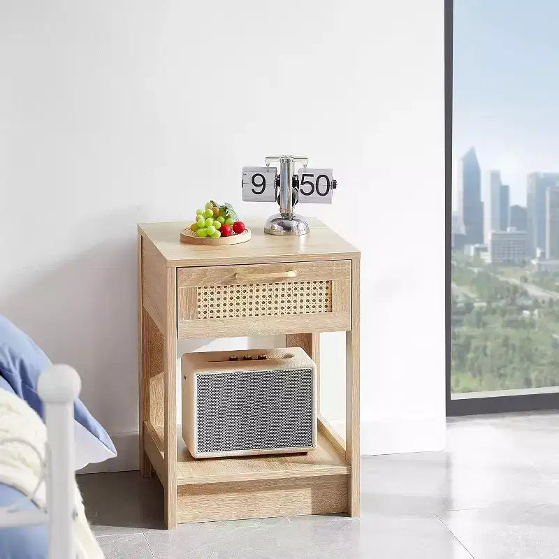 Acekool Rattan Nightstand with Lift-Top and Open Storage, Mid Century Modern End Table with Retro Handle for Bedroom and Living Room