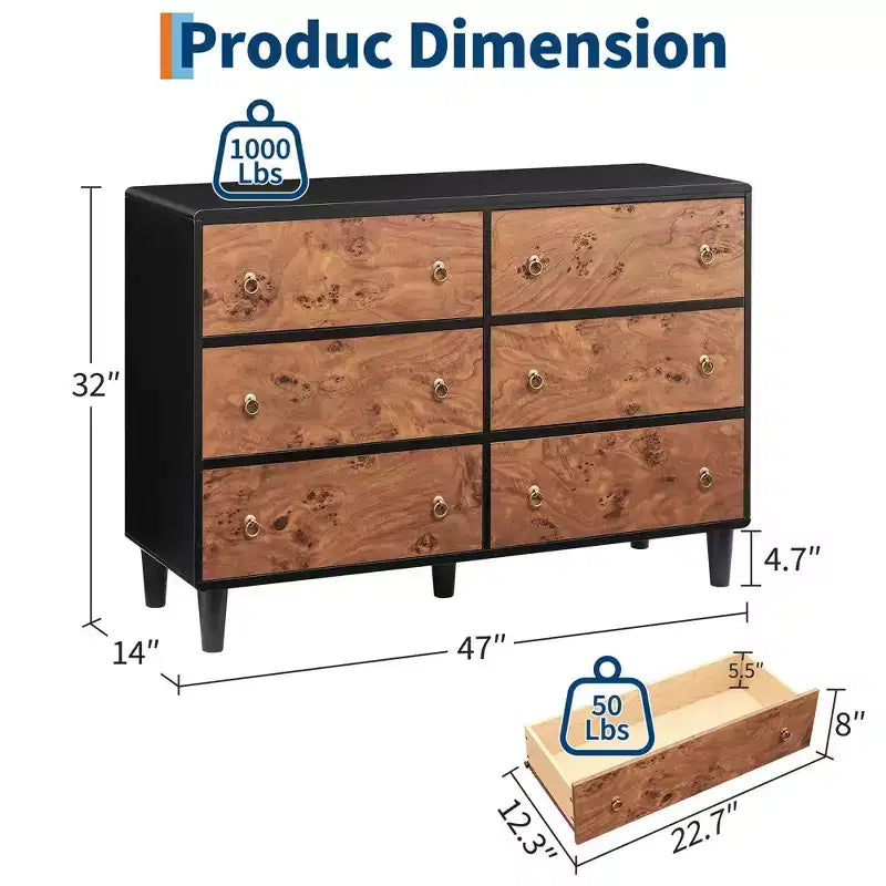 Cassettiera a 6 cassetti per camera da letto, comò moderno largo 120 cm, cassettiera in legno per camera da letto, soggiorno, corridoio, ingresso, Rovere Naturale